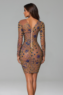 Sheer Long-Sleeve Crystal Mini Dress - LAROSABRIDE