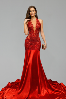 Sheer Embellished Satin Mermaid Gown - LAROSABRIDE