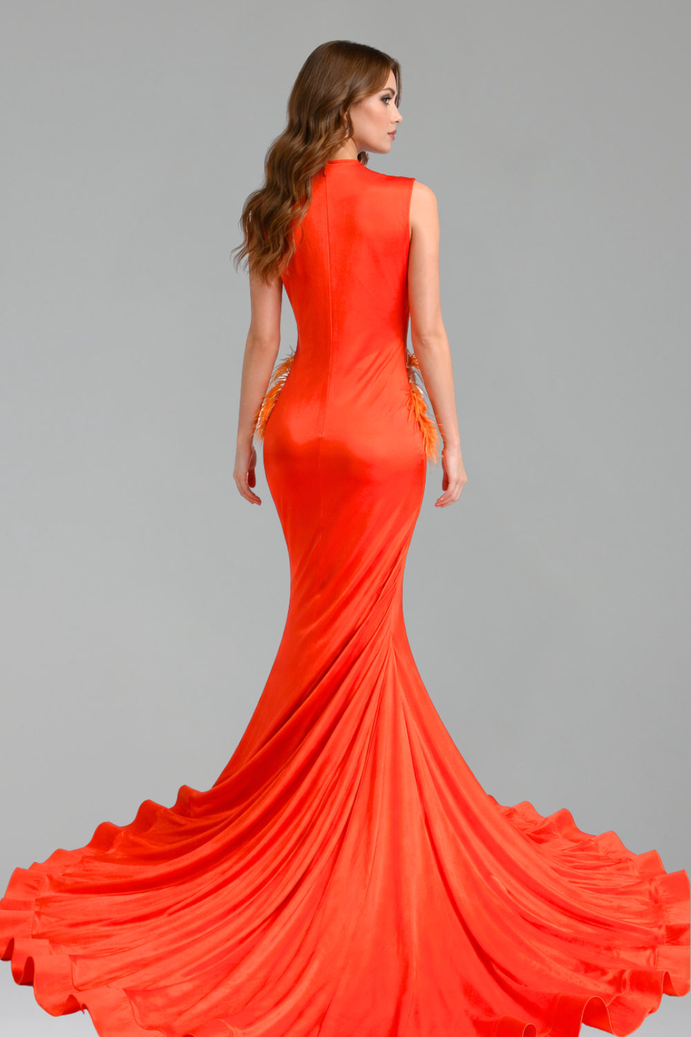 Feather Embellished Satin Mermaid Gown - LAROSABRIDE