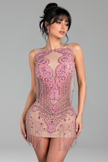Sheer Gold Embellished Fringe Mini Dress - LAROSABRIDE