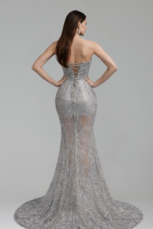 Beaded Illusion Slit Mermaid Gown - LAROSABRIDE