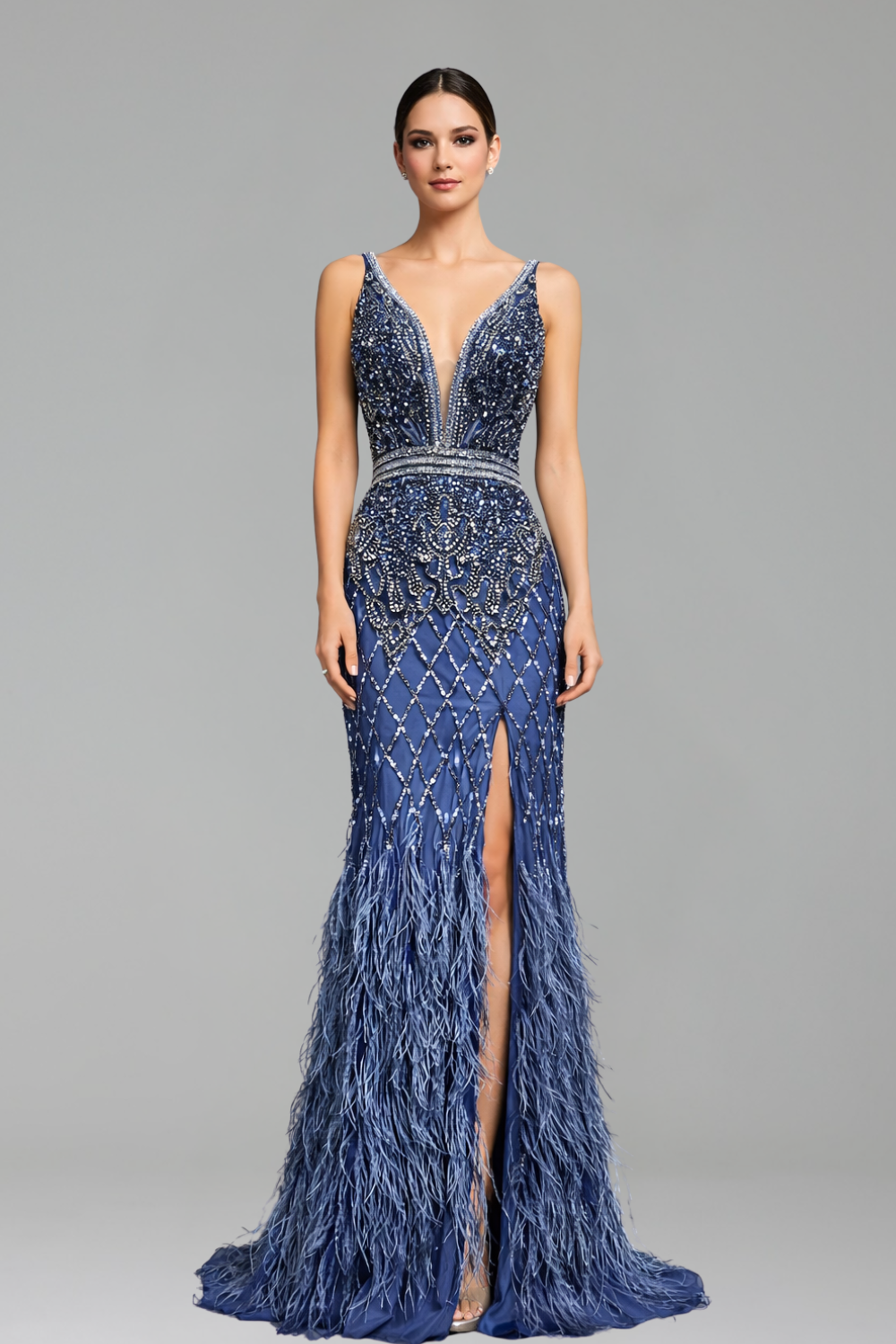 Feather Beaded Mermaid Gown - LAROSABRIDE