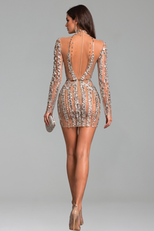 Crystal Embellished Illusion Mini Dress - LAROSABRIDE