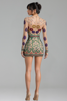 Embellished Sheer Long Sleeve Mini Dress - LAROSABRIDE