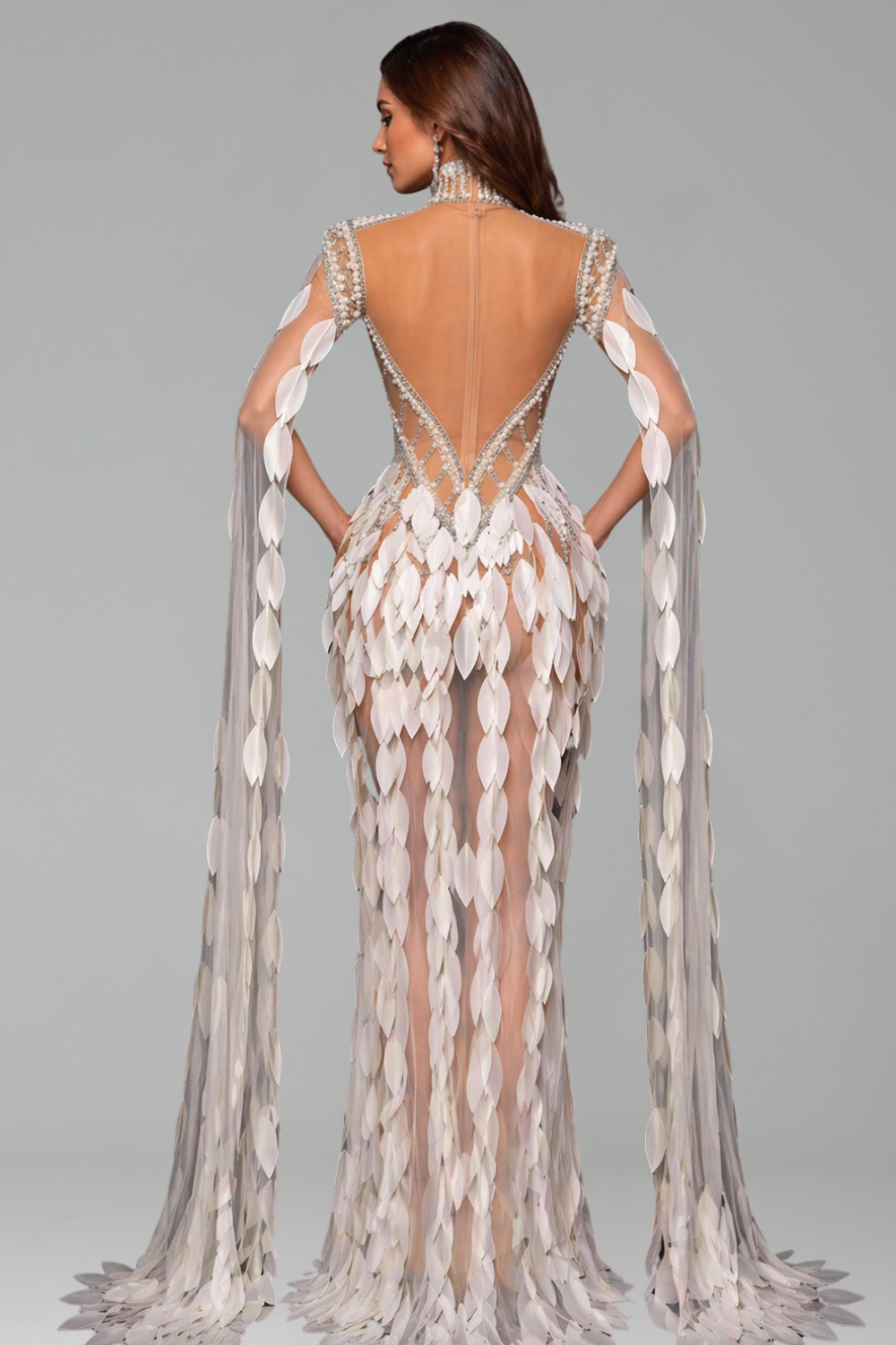 Feathered Illusion Cape Gown - LAROSABRIDE