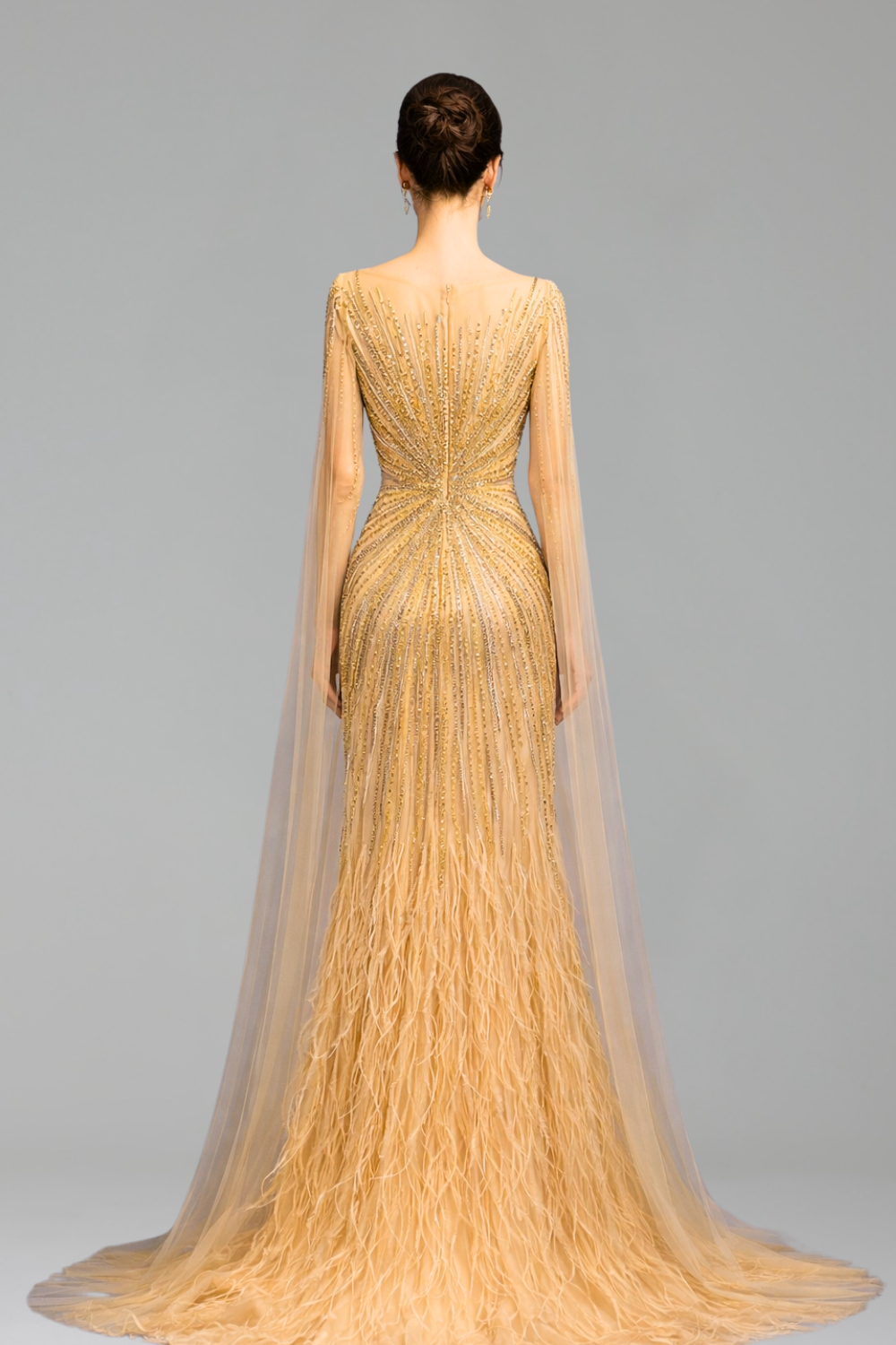 Feather Cape Sleeve Evening Dress - LAROSABRIDE