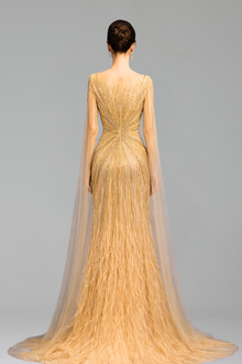 Feather Cape Sleeve Evening Dress - LAROSABRIDE