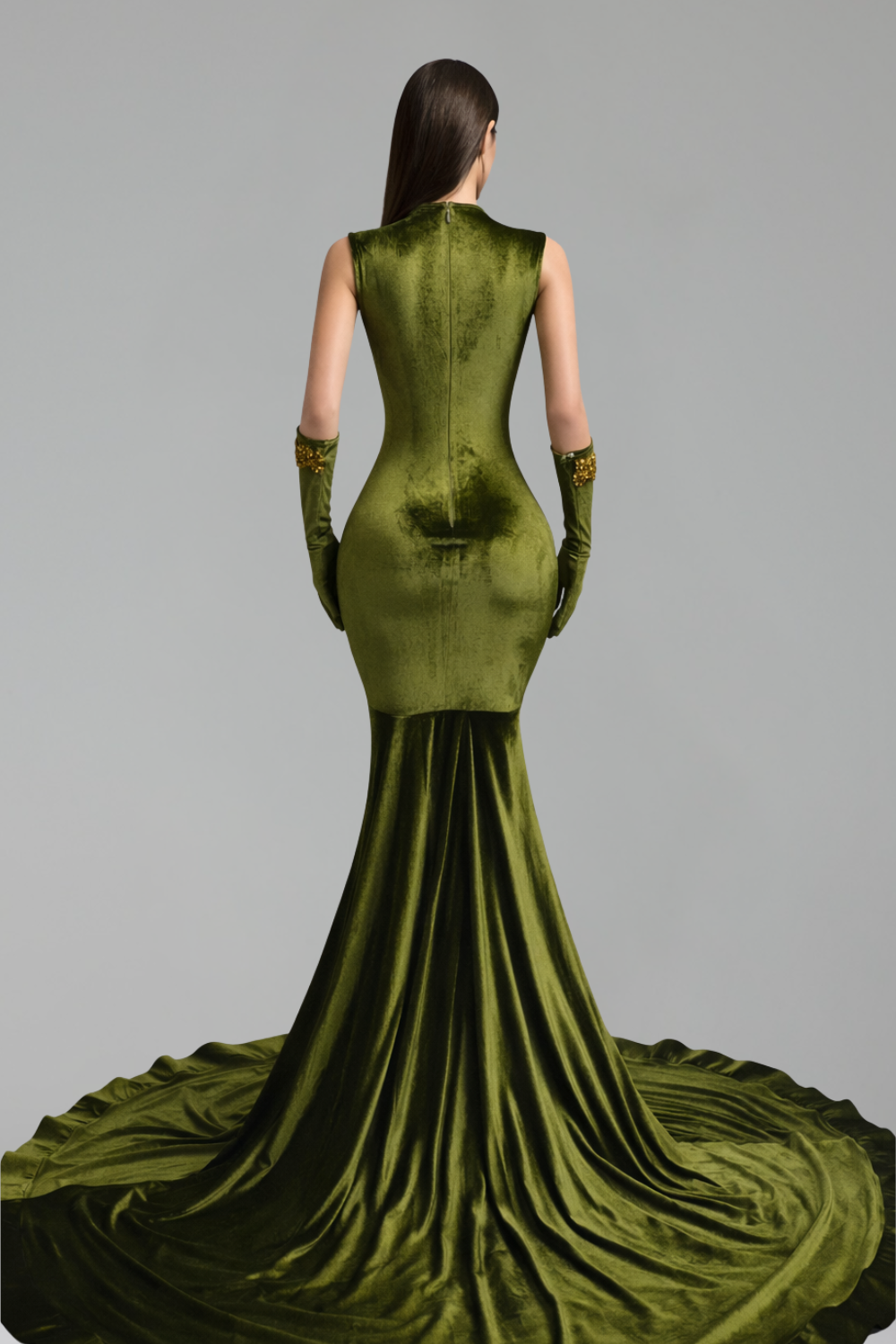 Embellished Deep V Cutout Mermaid Gown - LAROSABRIDE