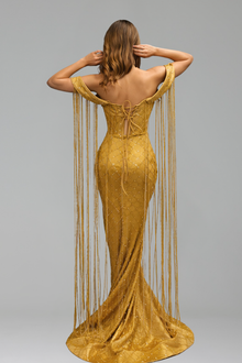 Beaded Tassel Off Shoulder Dress - LAROSABRIDE