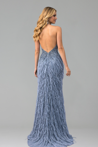 Feather Beaded Halter Mermaid Dress - LAROSABRIDE