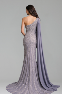 One-Shoulder Beaded Split Gown - LAROSABRIDE