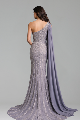 One-Shoulder Beaded Split Gown - LAROSABRIDE
