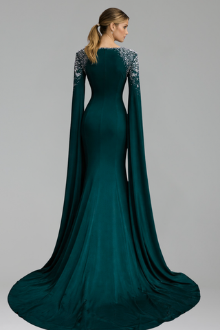 Satin Mermaid Cape Sleeve Dress - LAROSABRIDE