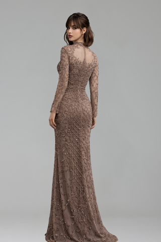Caramel Beaded Mermaid Gown with High Neck