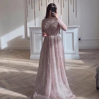 Ships in 2 to 5 Days - Luxury Olive Green Beaded A-Line Evening Gown with Long Sleeves – Wedding, Party & Prom Dress