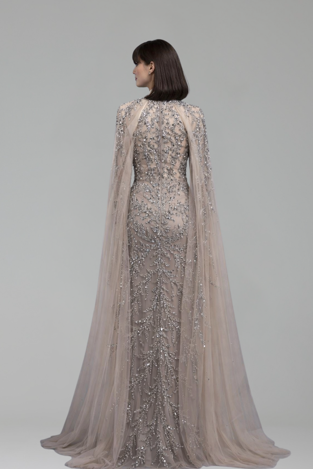 Beaded Cape Sleeve Mermaid Dress - LAROSABRIDE