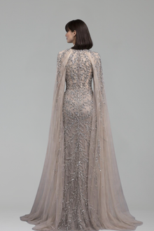 Beaded Cape Sleeve Mermaid Dress - LAROSABRIDE