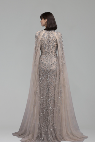 Beaded Cape Sleeve Mermaid Dress - LAROSABRIDE