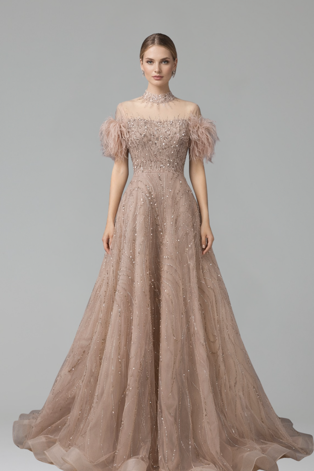 Beaded Feather A-Line Dress-Larosabride