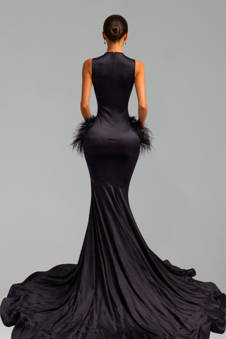 Illusion Feather Detail Mermaid Gown