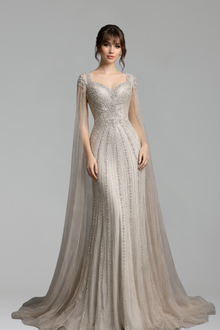Beaded Evening Dress with Cape Sleeves - LAROSABRIDE