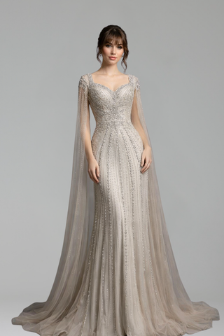Beaded Evening Dress with Cape Sleeves - LAROSABRIDE
