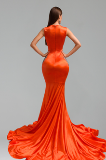 Illusion Cutout Embellished Satin Mermaid Gown - LAROSABRIDE