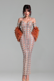Sheer Crystal Grid Feather Sleeve Gown - LAROSABRIDE