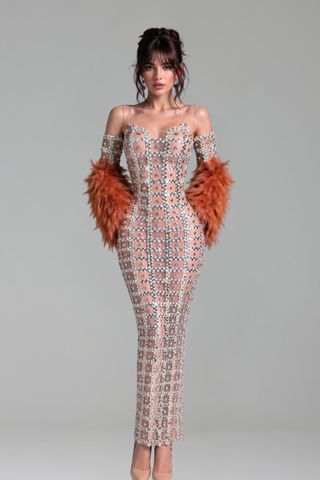 Sheer Crystal Grid Feather Sleeve Gown - LAROSABRIDE