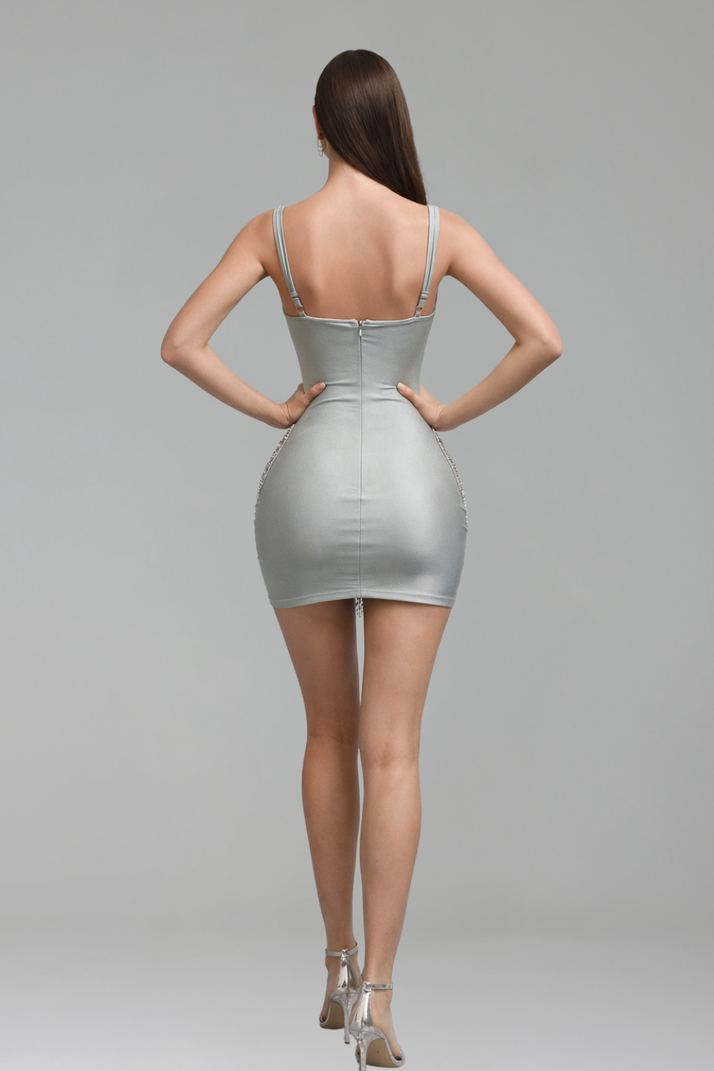 Crystal Embellished Sheer Plunge Mini Dress - LAROSABRIDE