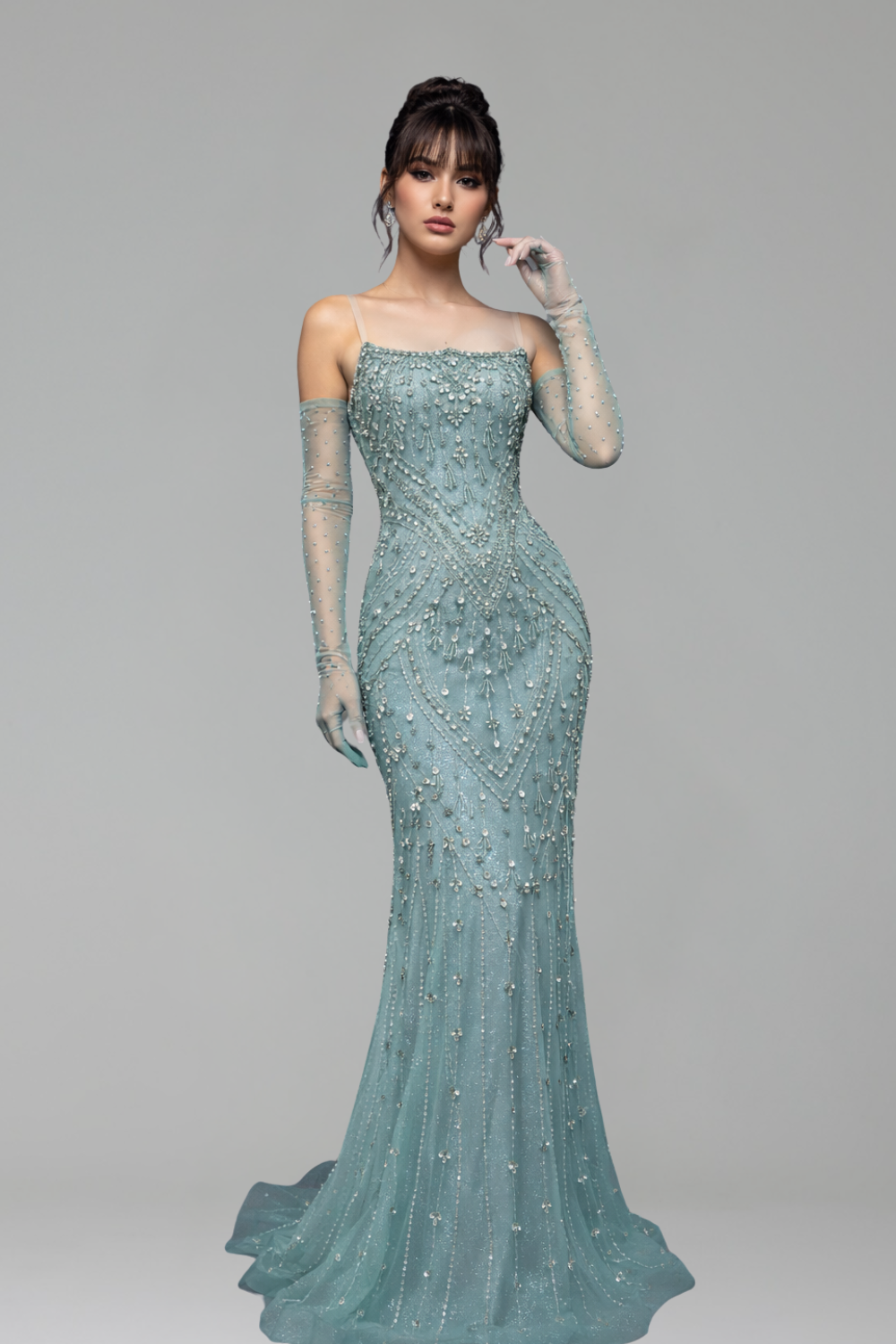 Crystal Beaded Mermaid Gown with Gloves - LAROSABRIDE