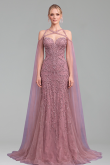 Beaded Crystal Cape Sleeves Gown - LAROSABRIDE