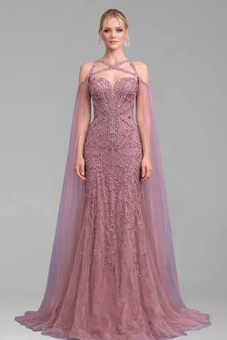 Beaded Crystal Cape Sleeves Gown - LAROSABRIDE