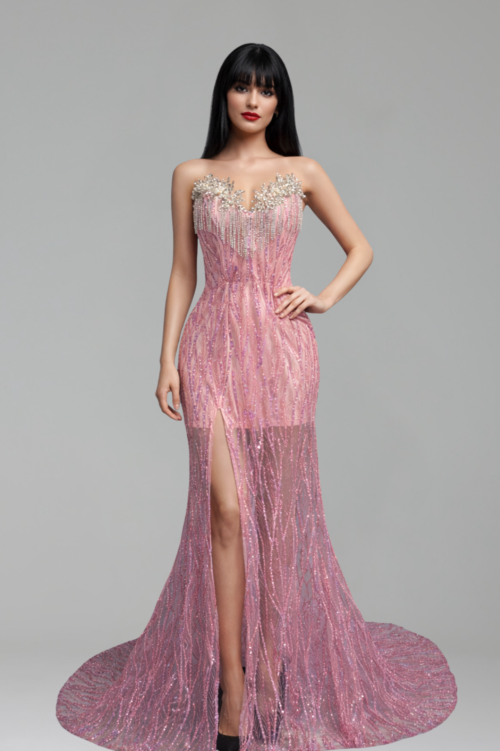 Beaded Fringe High Slit Gown - LAROSABRIDE