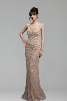 Spaghetti Strap Pearls Beaded Gown - LAROSABRIDE