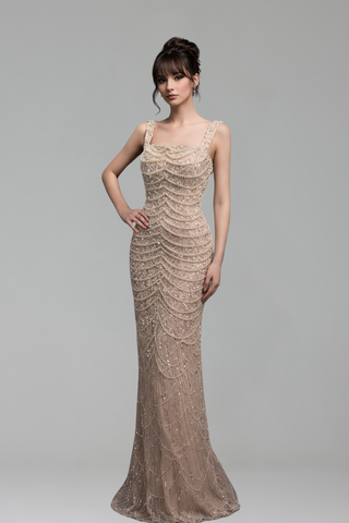 Spaghetti Strap Pearls Beaded Gown - LAROSABRIDE