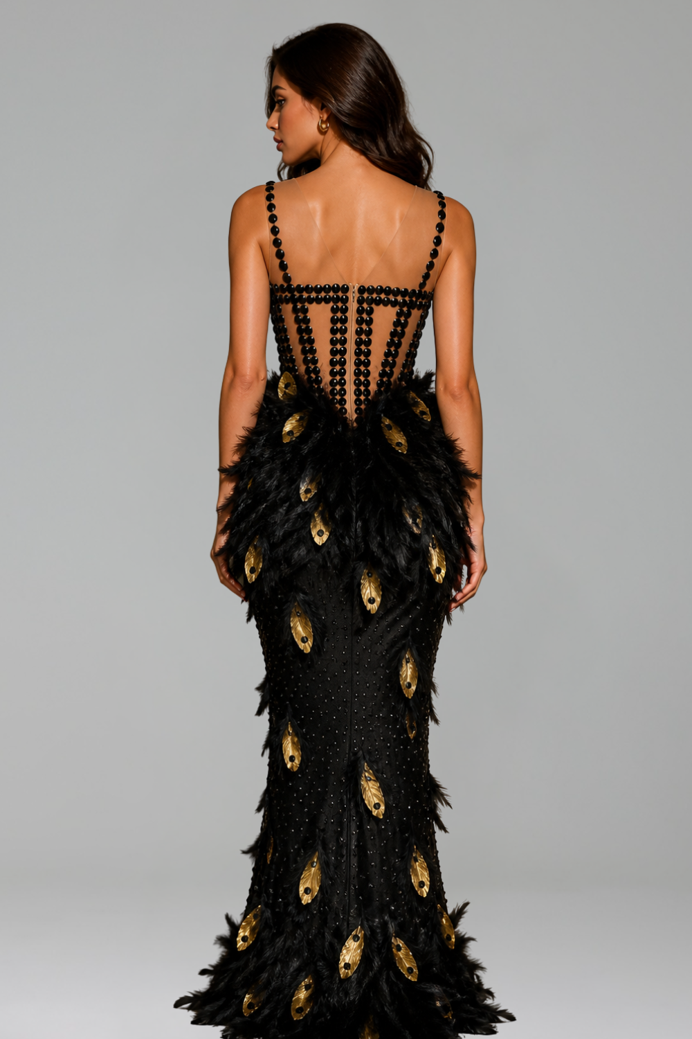 Feather Embellished Illusion Slit Gown - LAROSABRIDE