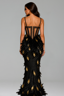 Feather Embellished Illusion Slit Gown - LAROSABRIDE