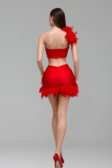 Red Feather Trim Two-Piece Mini Set - LAROSABRIDE