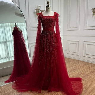 Ships in 2 to 5 Days - Luxury Elegant Blue Beaded A-Line Evening Dress – Formal Gown with Feather Details.