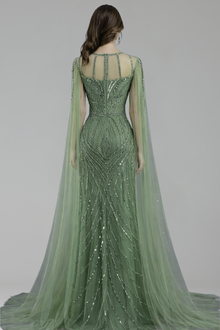 Beaded Mermaid Dress with Cape Sleeves - LAROSABRIDE