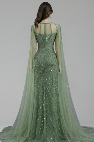 Beaded Mermaid Dress with Cape Sleeves - LAROSABRIDE