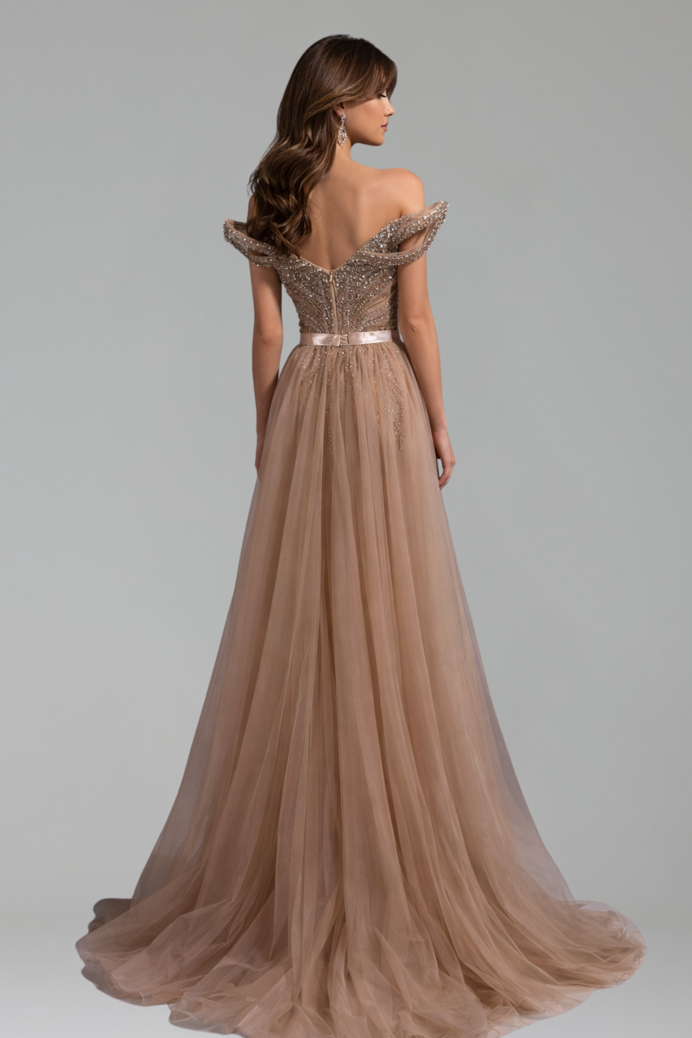 Nude Crystal Beaded Off-Shoulder Mermaid Evening Gown - LAROSABRIDE