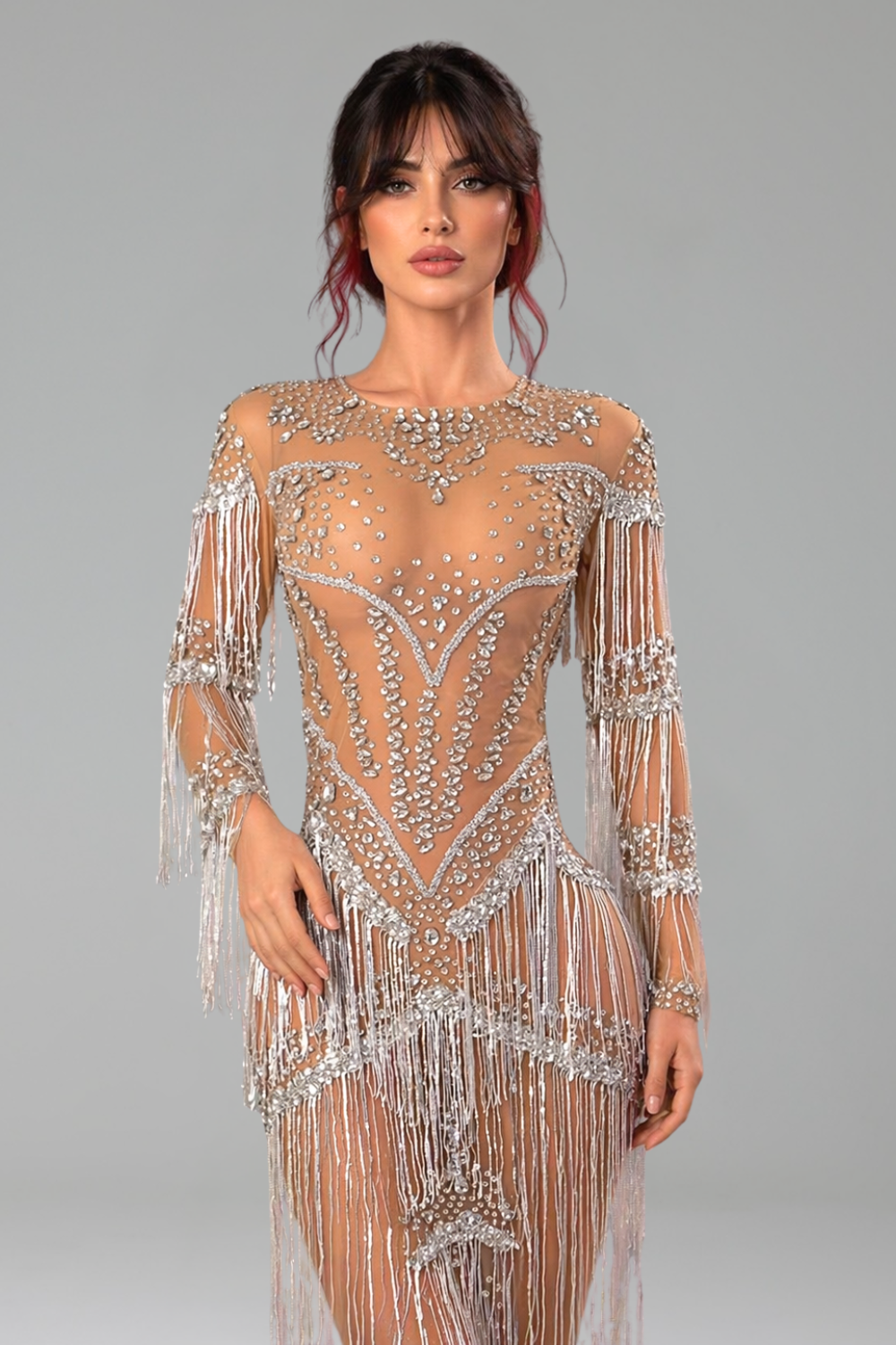Fringe Rhinestone Long-Sleeve Bodysuit - LAROSABRIDE