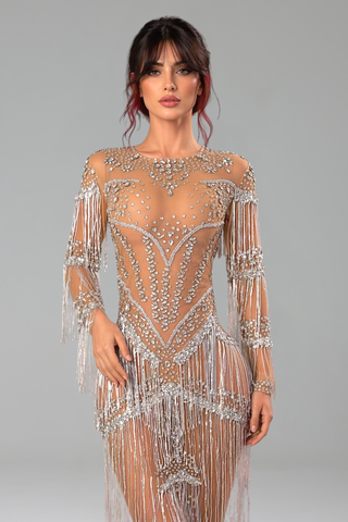 Fringe Rhinestone Long-Sleeve Bodysuit - LAROSABRIDE