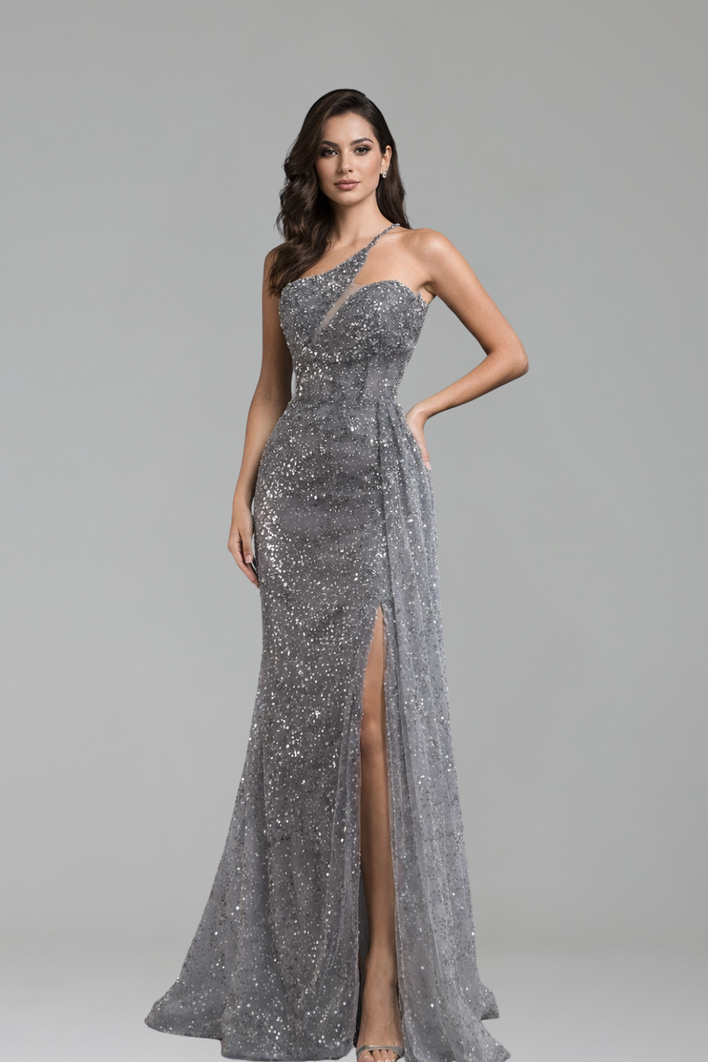 Gray Crystal Beaded One Shoulder Dress - LAROSABRIDE