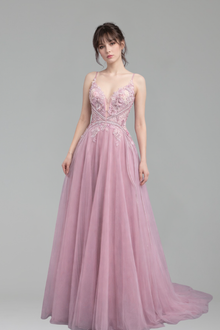 Beaded Spaghetti Strap A-Line Dress - LAROSABRIDE