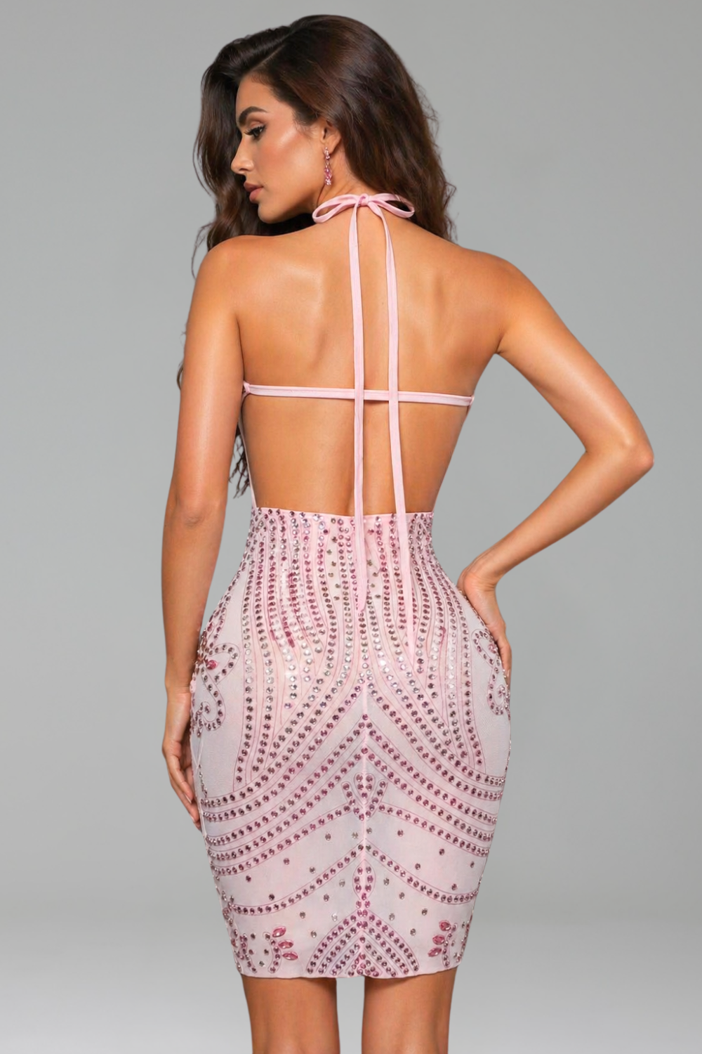 Embellished Keyhole Halter Mini Dress - LAROSABRIDE