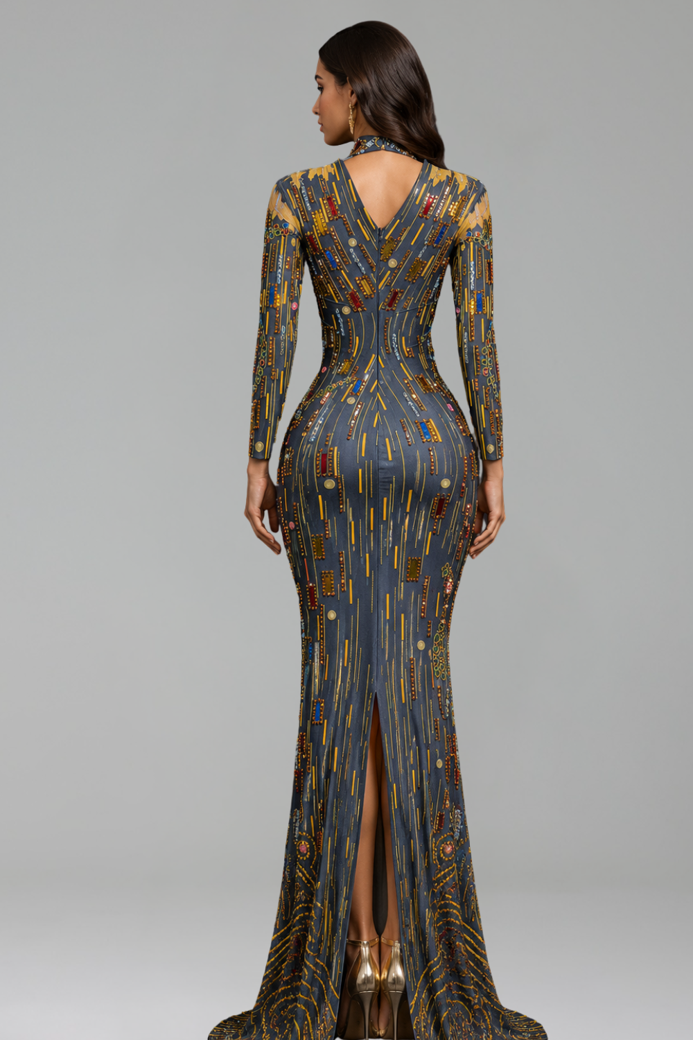 High-Neck Long-Sleeve Beaded Dress - LAROSABRIDE