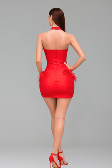 Beaded Fringe Mini Dress with Feather Skirt - LAROSABRIDE